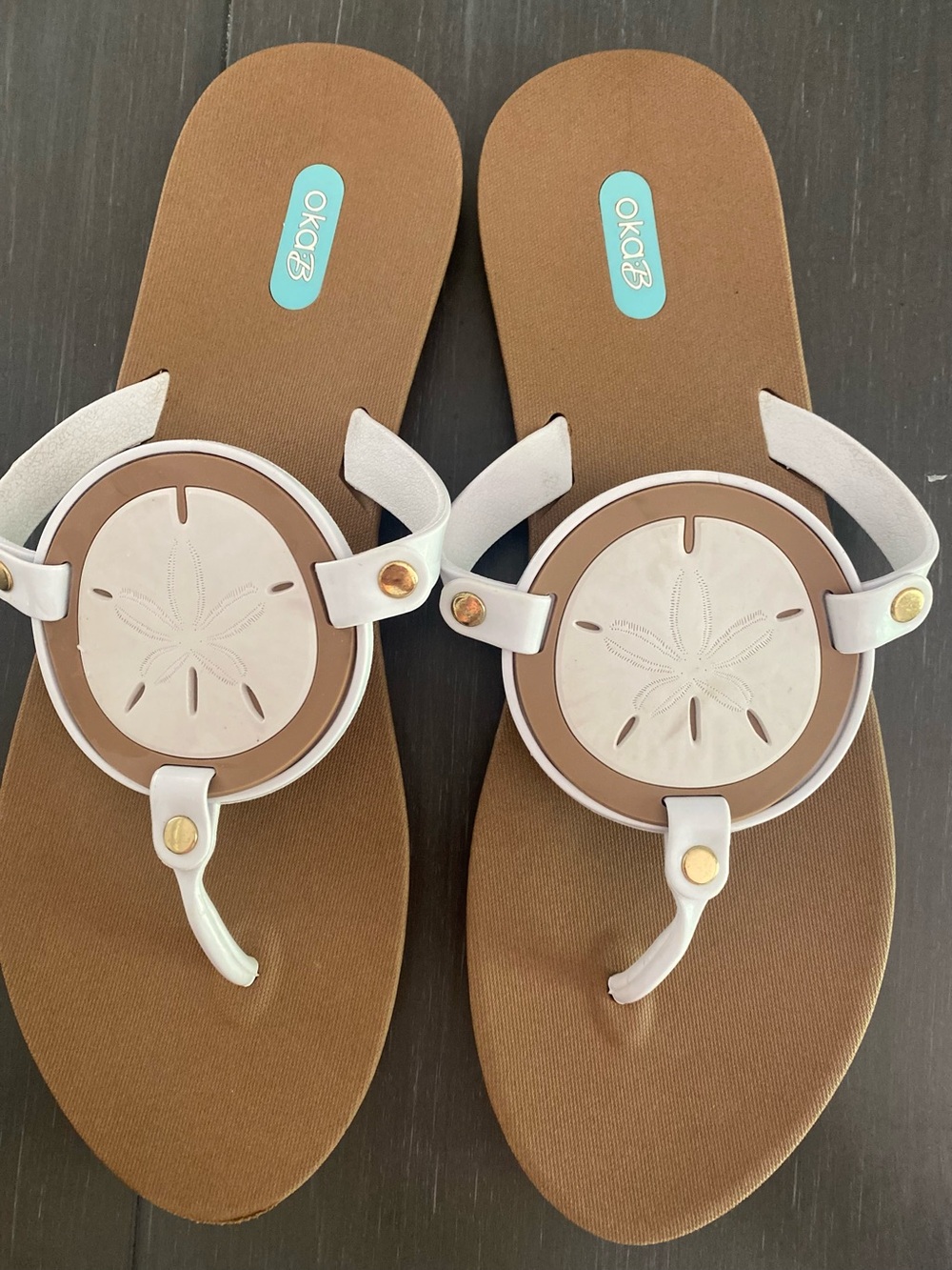 OKA b. White and Brown Sandal Thong with Medallion